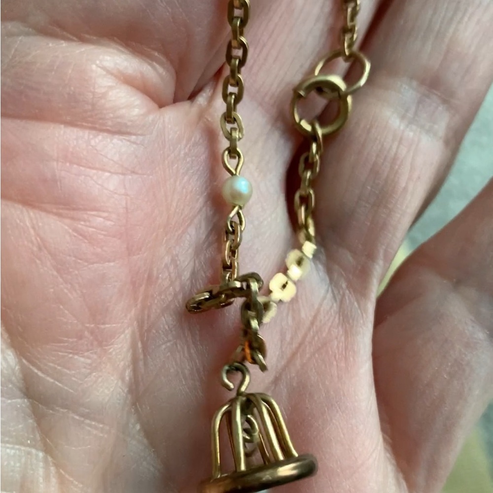 12K Gold Filled Vintage Bird Cage or Bell Charm Bracelet with Seed Pearls – 7”